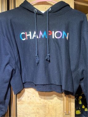 Champion Black Cropped Hoodie with Rainbow Logo